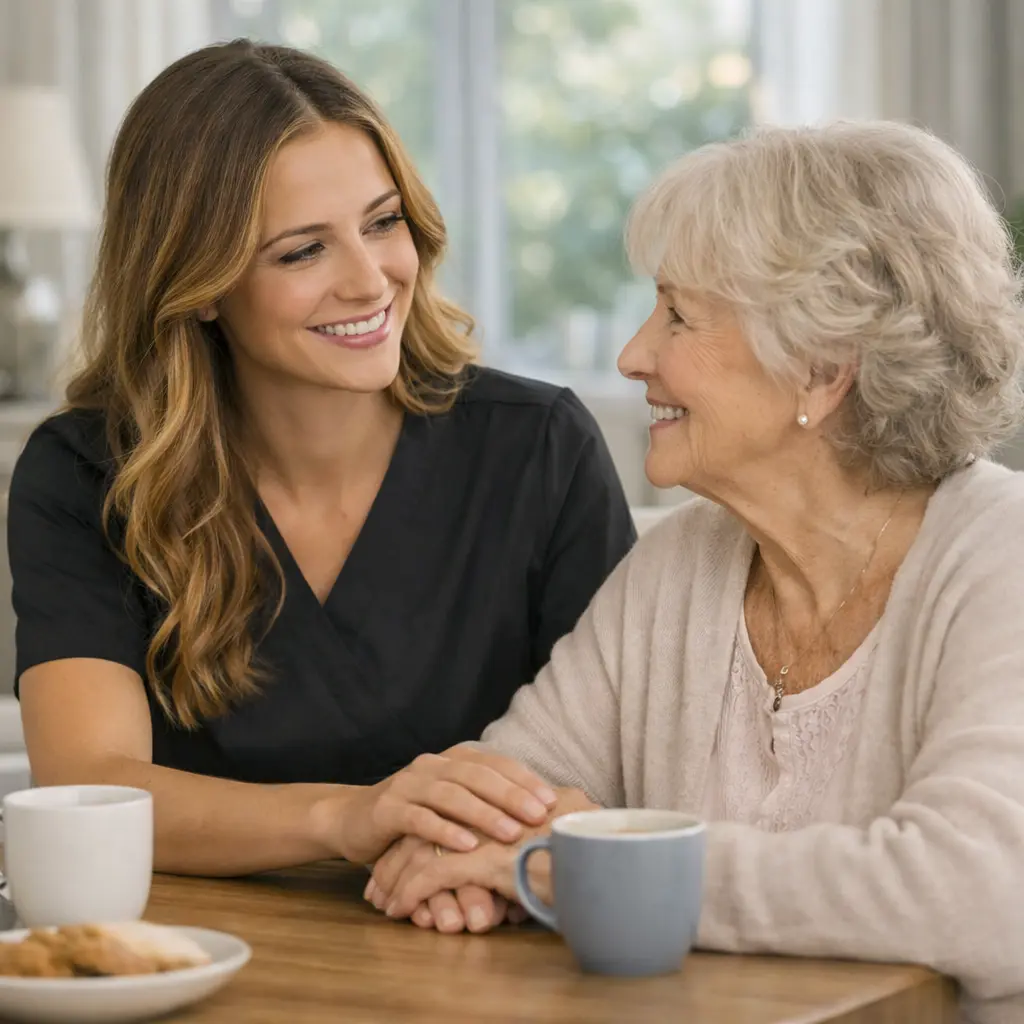 Hjelper og eldre kvinne i rolig samtale hjemme
